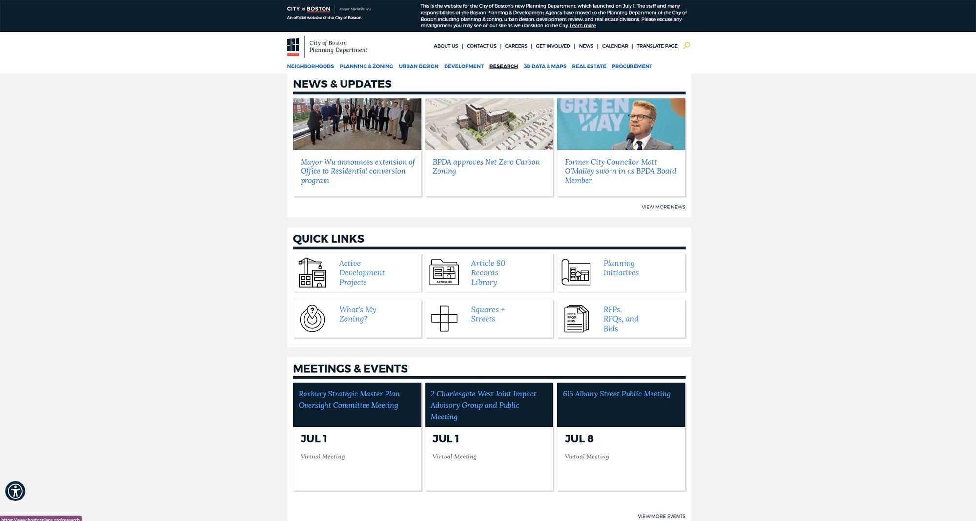 City of Boston Planning Department homepage