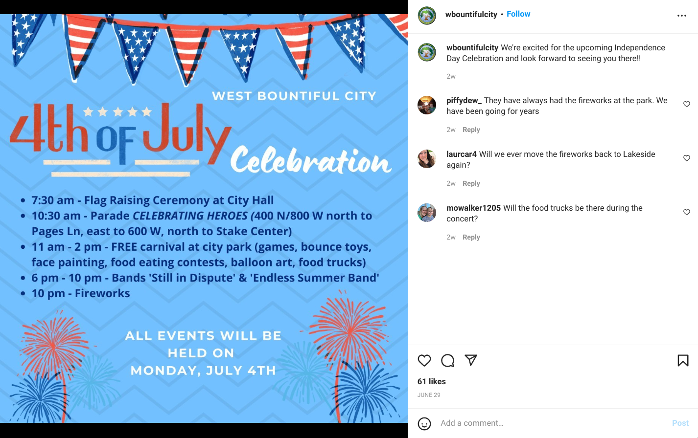 4th of July banner on Instagram